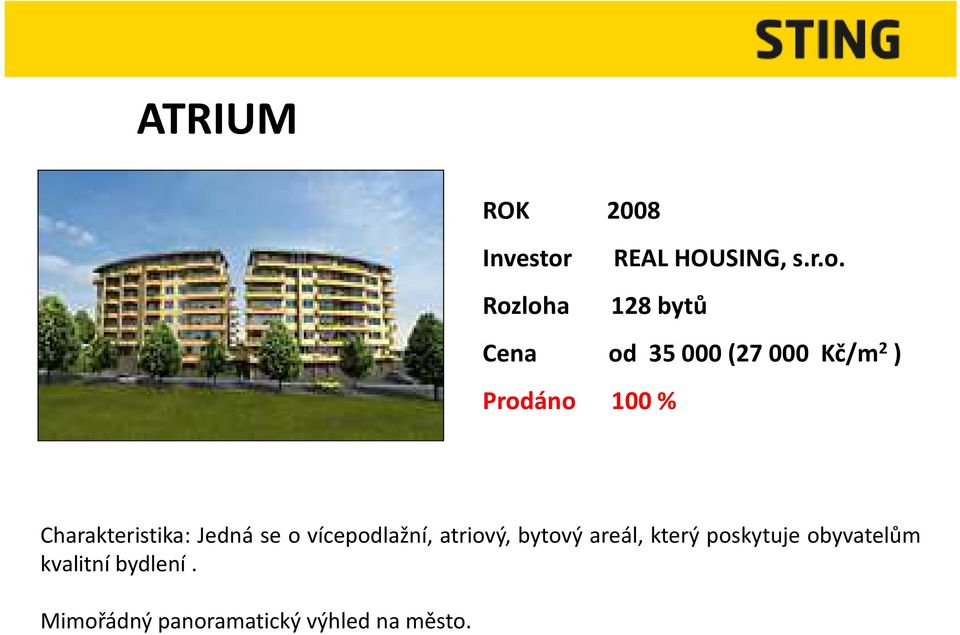 Rozloha 128 bytů Cena od 35 000 (27 000 Kč/m 2 ) Prodáno 100 %