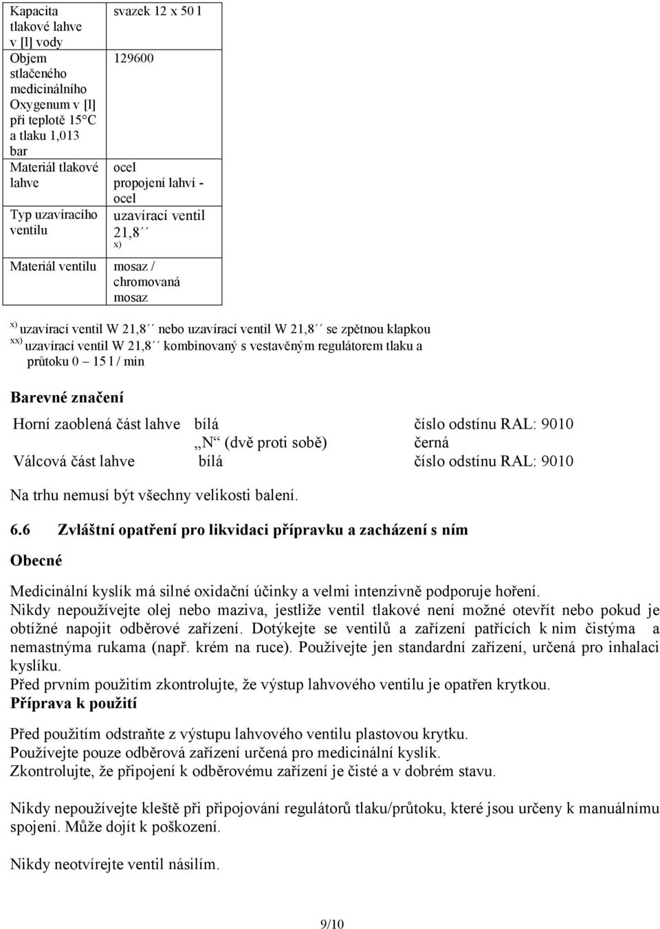 odstínu RAL: 9010 N (dvě proti sobě) černá Válcová část lahve bílá číslo odstínu RAL: 9010 Na trhu nemusí být všechny velikosti balení. 6.