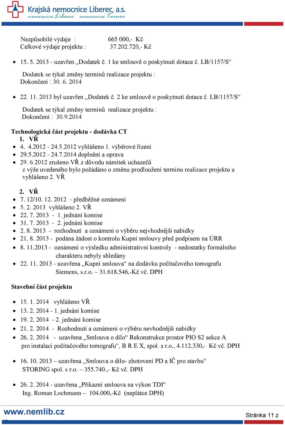 LB/1157/S Dodatek se týkal změny termínů realizace projektu : Dokončení : 30.9.2014 Technologická část projektu - dodávka CT 1. VŘ 4. 4.2012-24.5.2012 vyhlášeno 1. výběrové řízení 29.5.2012-24.7.2014 doplnění a oprava 29.