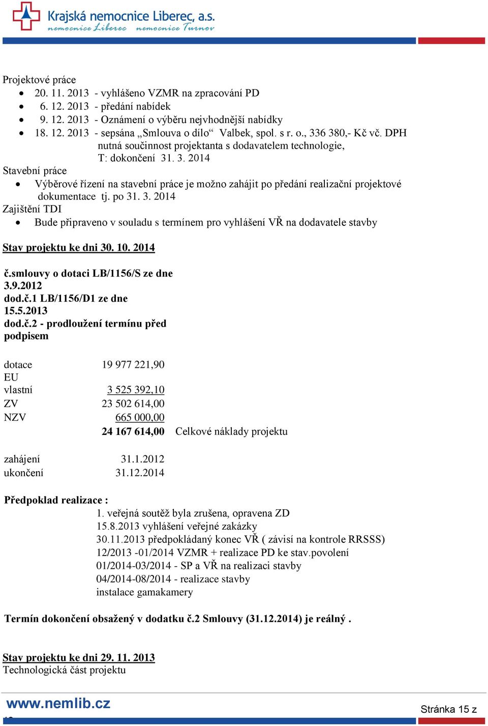 po 31. 3. 2014 Zajištění TDI Bude připraveno v souladu s termínem pro vyhlášení VŘ na dodavatele stavby Stav projektu ke dni 30. 10. 2014 č.smlouvy o dotaci LB/1156/S ze dne 3.9.2012 dod.č.1 LB/1156/D1 ze dne 15.