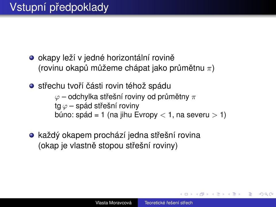 roviny od průmětnyπ tgϕ spád střešní roviny búno: spád = 1 (na jihu Evropy < 1, na