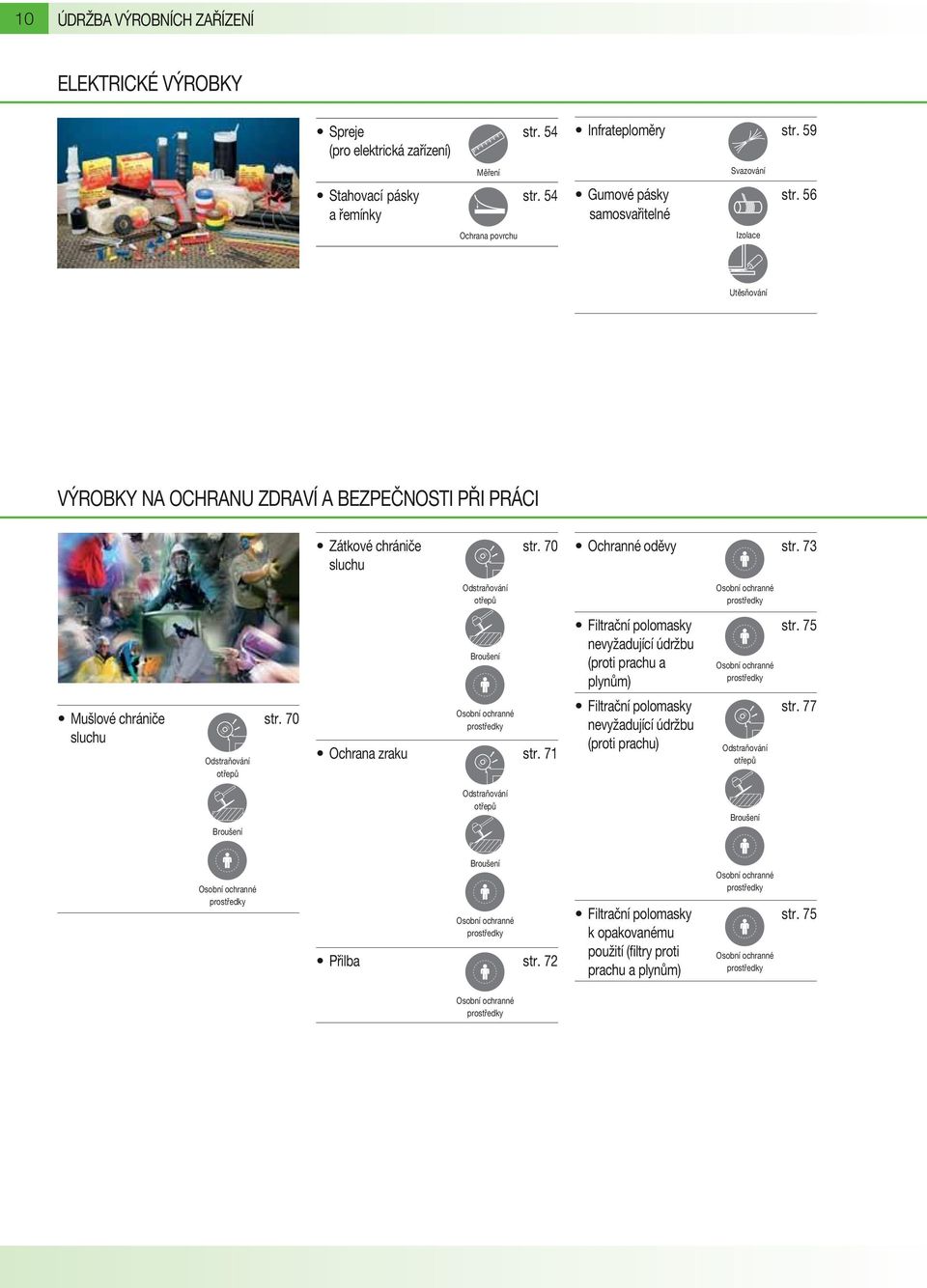 70 sluchu Odstraňování otřepů Broušení Zátkové chrániče str. 70 sluchu Odstraňování otřepů Broušení Ochrana zraku str. 71 Odstraňování otřepů Ochranné oděvy str.