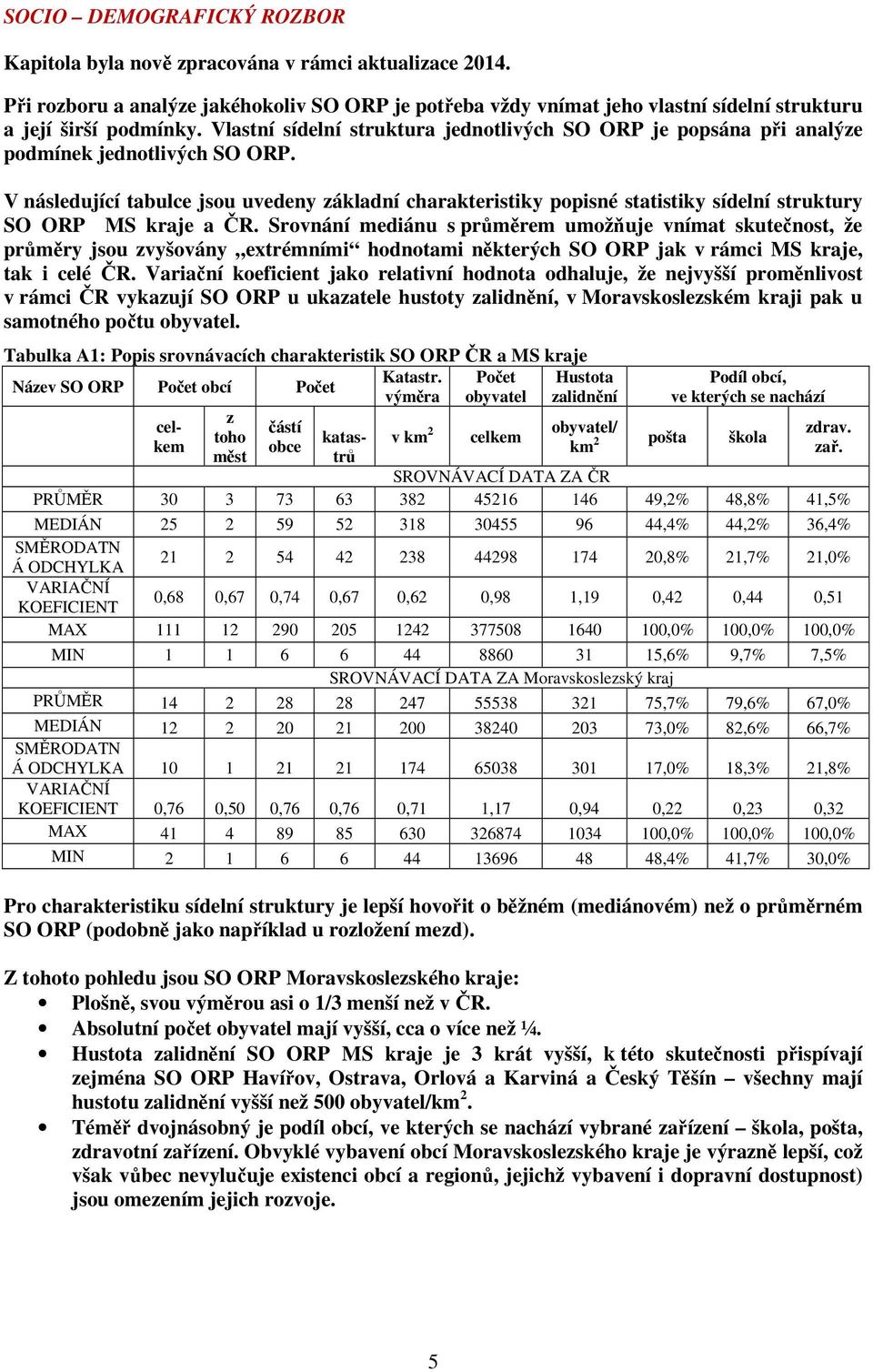 V následující tabulce jsou uvedeny základní charakteristiky popisné statistiky sídelní struktury SO ORP MS kraje a ČR.