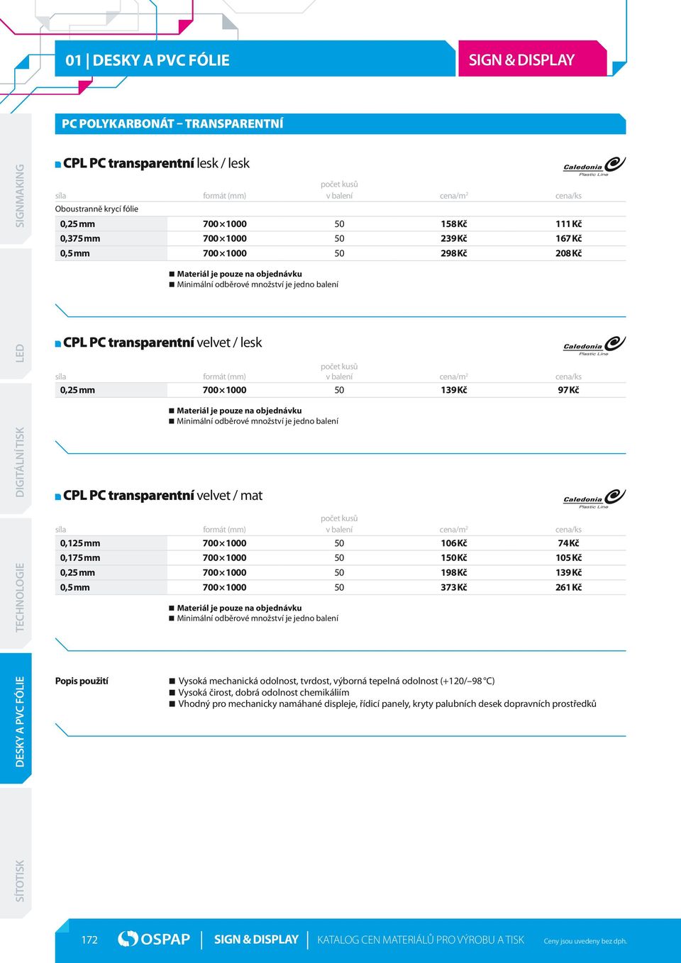 Materiál je pouze na objednávku CPL PC transparentní velvet / mat počet kusů síla formát (mm) v balení cena/m 2 cena/ks 0,125 mm 700 1000 50 106 Kč 74 Kč 0,175 mm 700 1000 50 150 Kč 105 Kč 0,25 mm