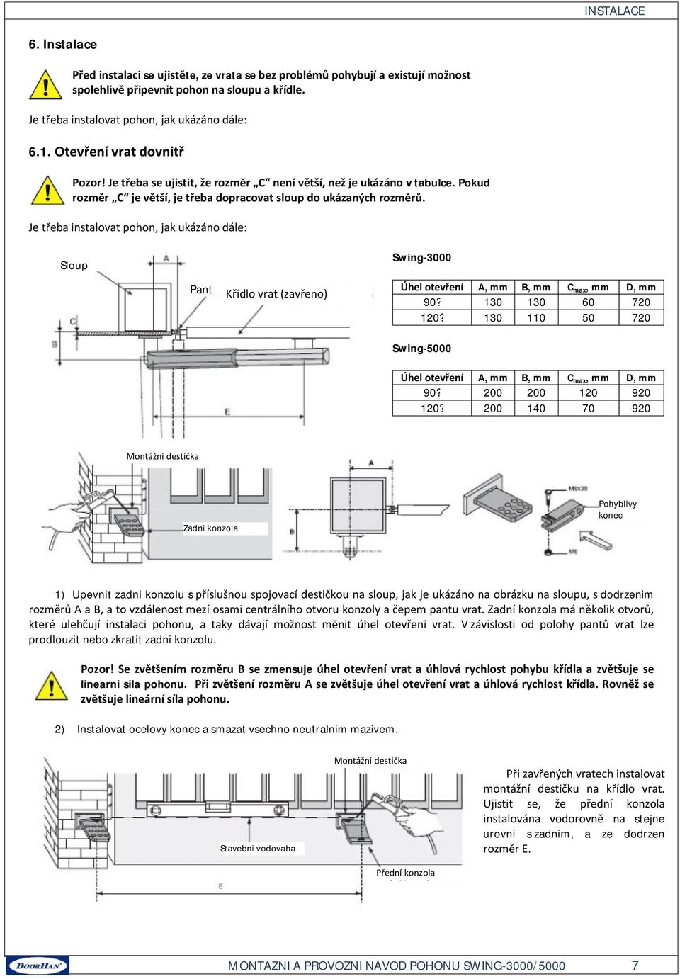 Je třeba instalovat pohon, jak ukázáno dále: Sloup Swing-3000 Pant Křídlo vrat (zavřeno) Úhel otevření A, mm B, mm C max, mm D, mm 90? 130 130 60 720 120?