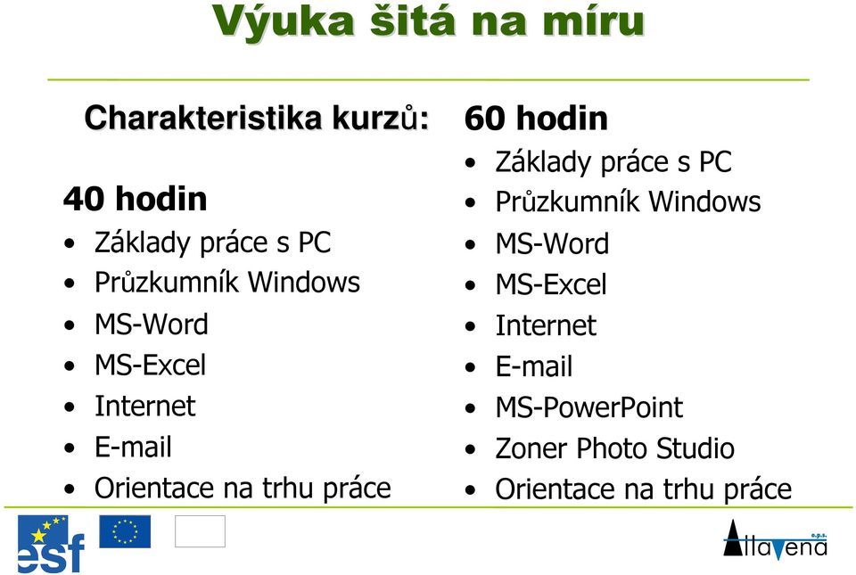 práce 60 hodin Základy práce s PC Průzkumník Windows MS-Word MS-Excel