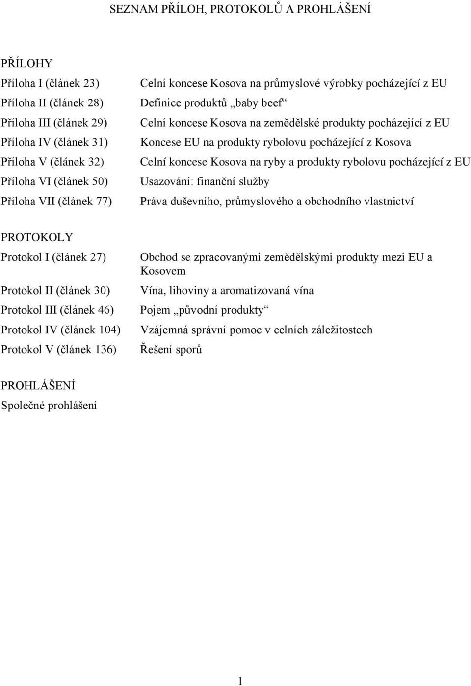 pocházející z Kosova Celní koncese Kosova na ryby a produkty rybolovu pocházející z EU Usazování: finanční služby Práva duševního, průmyslového a obchodního vlastnictví PROTOKOLY Protokol I (článek