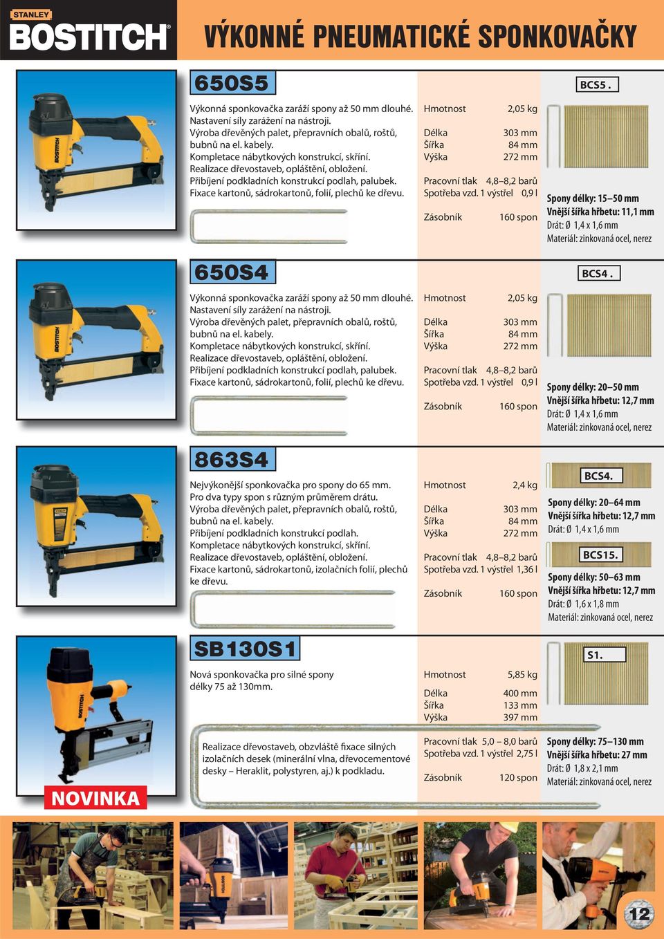 2,05 kg 303 mm 84 mm 272 mm Pracovní tlak 4,8 8,2 barů Spotřeba vzd. 1 výstřel 0,9 l 160 spon BCS5. Spony délky: 15 50 mm Vnější šířka hřbetu: 11,1 mm Drát: Ø 1,4 x 1,6 mm 650S4 BCS4.