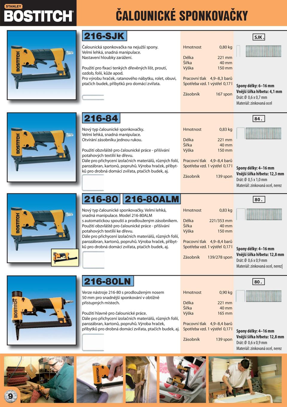 0,80 kg 221 mm 40 mm 150 mm Pracovní tlak 4,9 8,3 barů Spotřeba vzd. 1 výstřel 0,17 l 167 spon SJK.