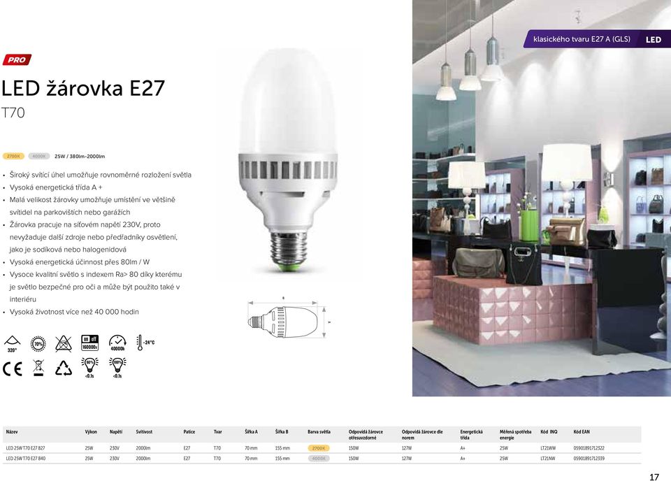 energetická účinnost přes 80lm / W Vysoce kvalitní světlo s indexem Ra> 80 díky kterému je světlo bezpečné pro oči a může být použito také v interiéru Vysoká životnost více než 40 000 hodin 320 70%