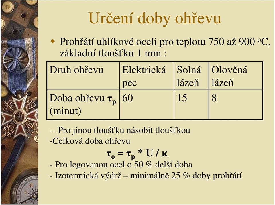 (minut) 60 15 8 -- Pro jinou tloušťku násobit tloušťkou -Celková doba ohřevu τ o = τ p