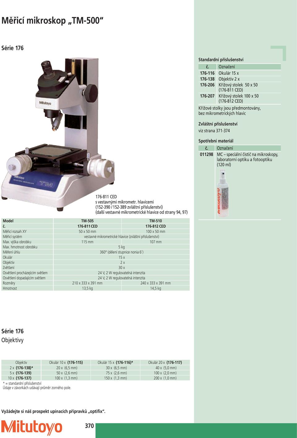 mikrometr. hlavicemi (152-390 / 152-389 zvláštní příslušenství) (další vestavné mikrometrické hlavice od strany 94, 97) Model TM-505 TM-510 č.