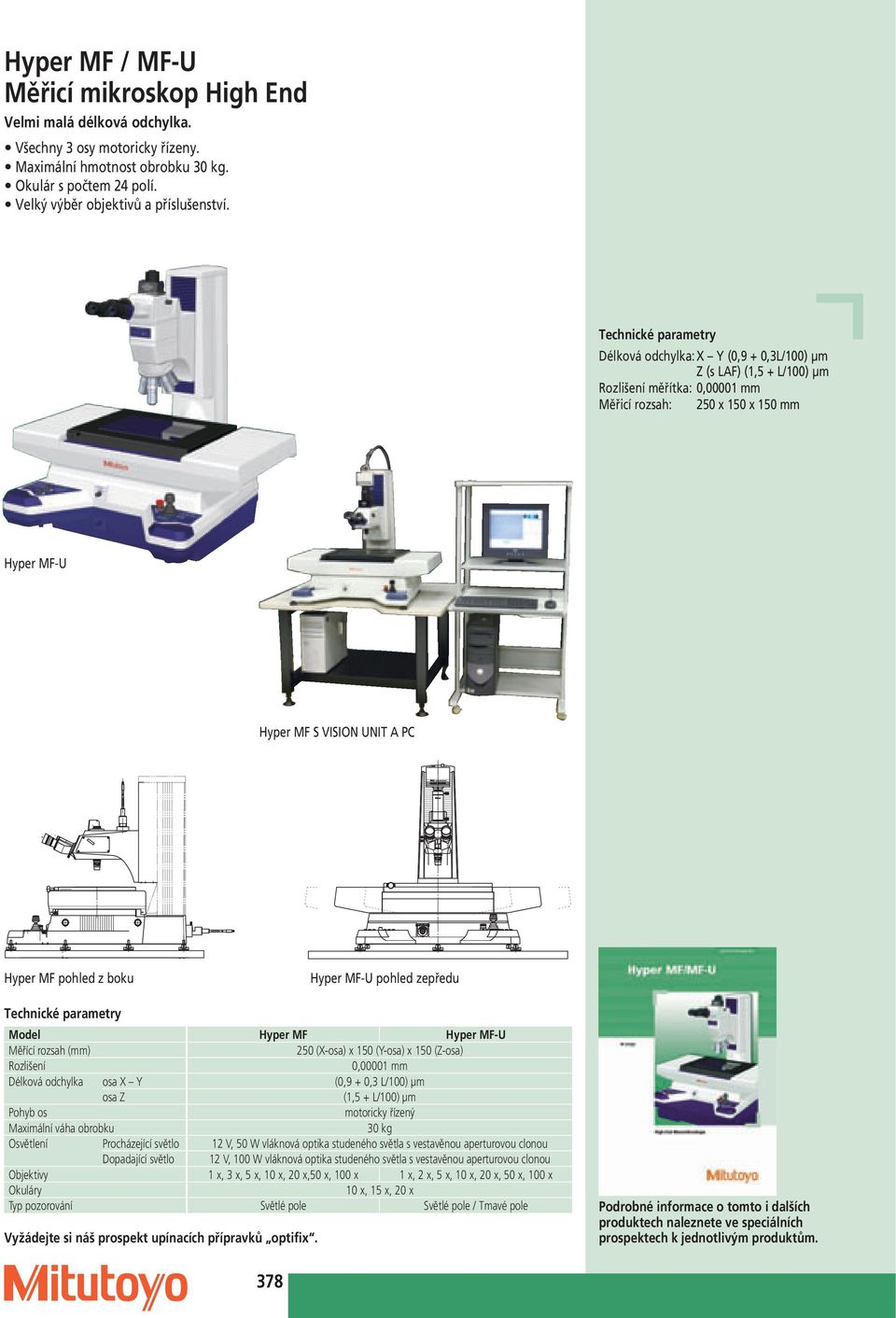Hyper MF-U pohled zepředu Model Hyper MF Hyper MF-U Měřící rozsah (mm) 250 (X-osa) x 150 (Y-osa) x 150 (Z-osa) Rozlišení 0,00001 mm Délková odchylka osa X Y (0,9 + 0,3 L/100) μm osa Z (1,5 + L/100)