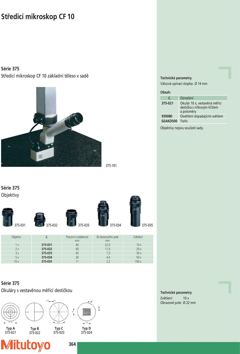 375-101 Série 375 Objektivy 375-031 375-032 375-033 375-034 375-035 Objektiv č.