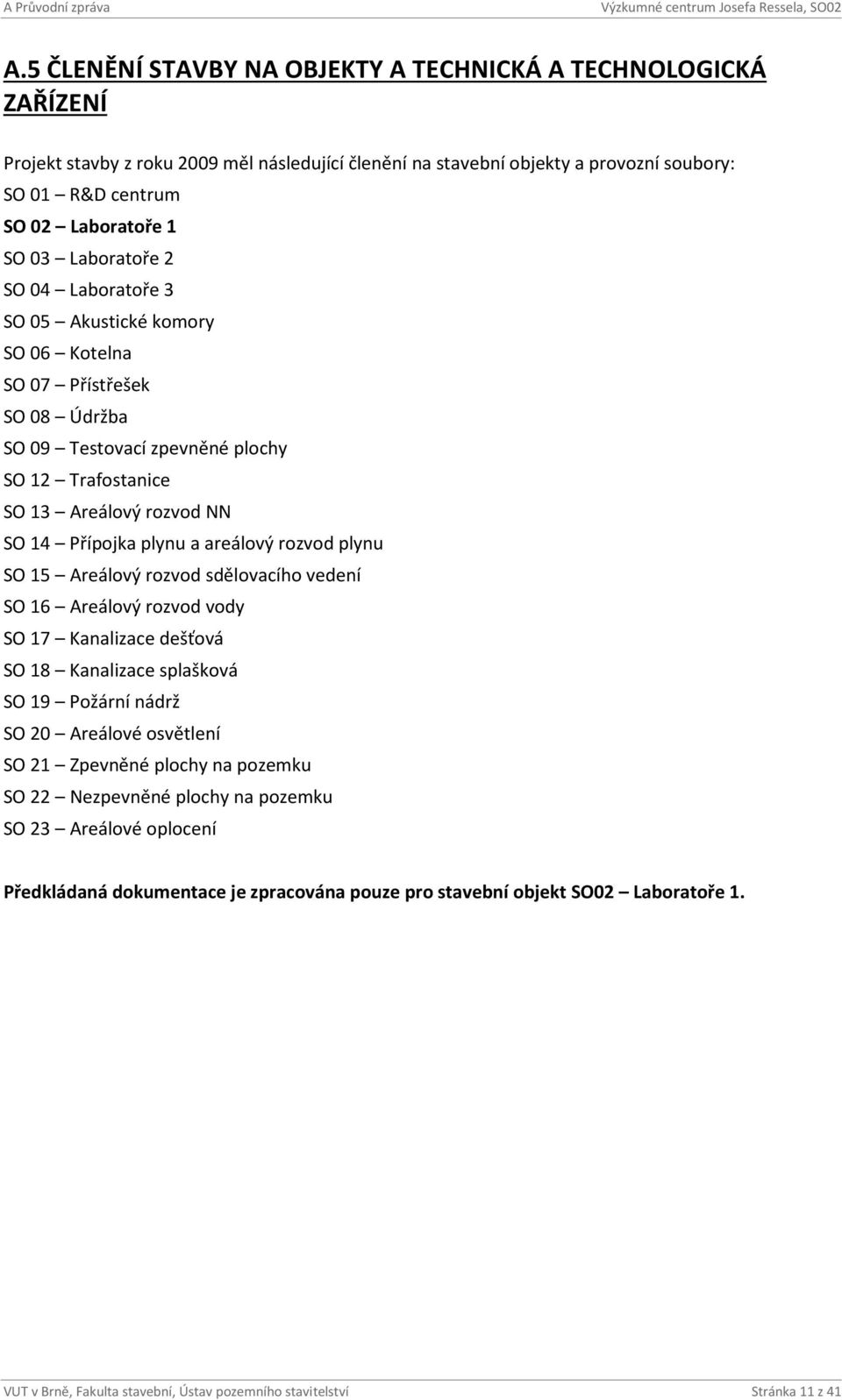 Laboratoře 2 SO 04 Laboratoře 3 SO 05 Akustické komory SO 06 Kotelna SO 07 Přístřešek SO 08 Údržba SO 09 Testovací zpevněné plochy SO 12 Trafostanice SO 13 Areálový rozvod NN SO 14 Přípojka plynu a