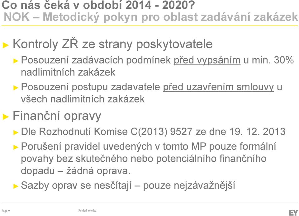 min. 30% nadlimitních zakázek Posouzení postupu zadavatele před uzavřením smlouvy u všech nadlimitních zakázek Finanční opravy Dle