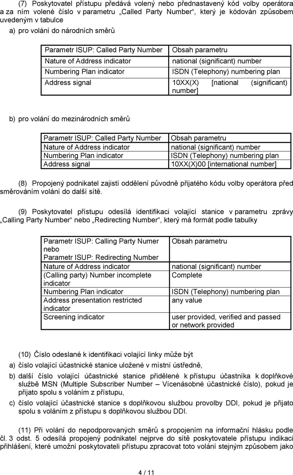 10XX(X) [national (significant) number] b) pro volání do mezinárodních směrů Parametr ISUP: Called Party Number Nature of Address indicator Numbering Plan indicator Address signal Obsah parametru
