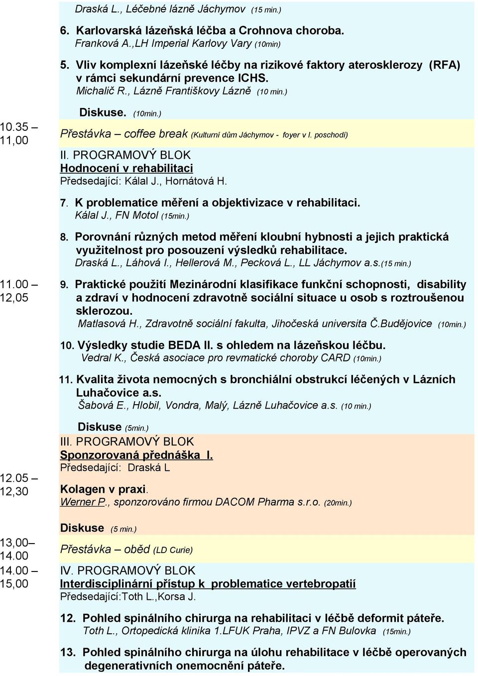 ) Přestávka coffee break (Kulturní dům Jáchymov - foyer v I. poschodí) II. PROGRAMOVÝ BLOK Hodnocení v rehabilitaci Předsedající: Kálal J., Hornátová H. 7.