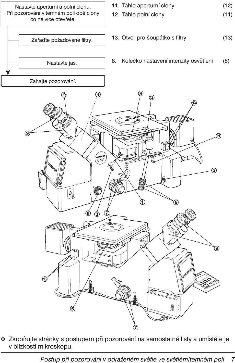 Otvor pro šoupátko s filtry (13) Nastavte jas. 8. Kolečko nastavení intenzity osvětlení (8) Zahajte pozorování.