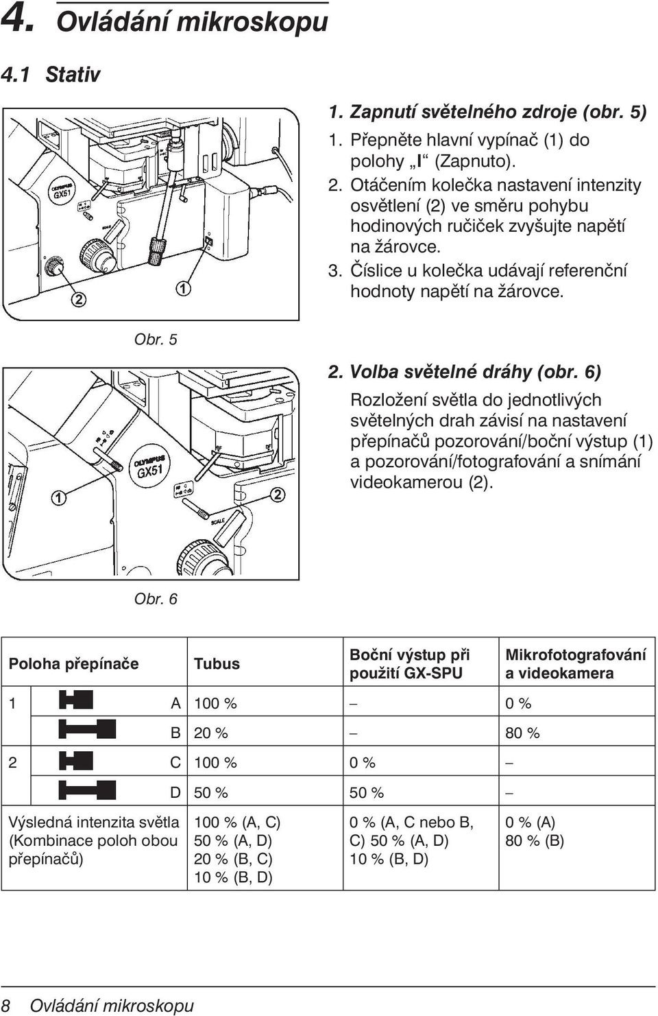 Volba světelné dráhy (obr. 6) Rozložení světla do jednotlivých světelných drah závisí na nastavení přepínačů pozorování/boční výstup (1) a pozorování/fotografování a snímání videokamerou (2). Obr.