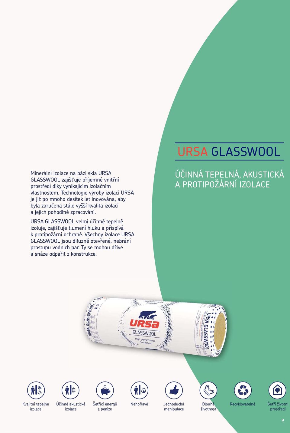 URSA GLASSWOOL velmi účinně tepelně izoluje, zajišťuje tlumení hluku a přispívá k protipožární ochraně.