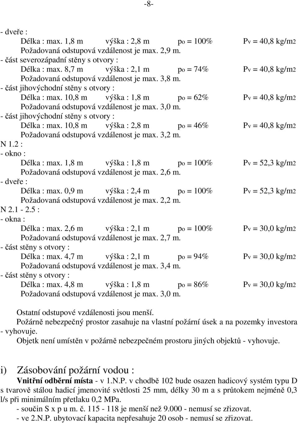 10,8 m výška : 1,8 m po = 62% Pv = 40,8 kg/m2 Požadovaná odstupová vzdálenost je max. 3,0 m. - část jihovýchodní stěny s otvory : Délka : max.