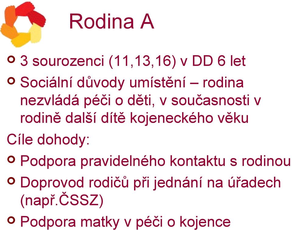 kojeneckého věku Cíle dohody: Podpora pravidelného kontaktu s rodinou