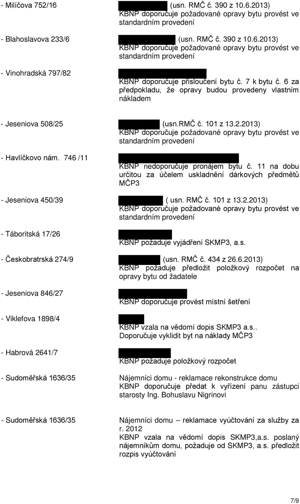 11 na dobu určitou za účelem uskladnění dárkových předmětů MČP3 - Jeseniova 450/39 ( usn. RMČ č. 101 z 13.2.2013) - Táboritská 17/26 KBNP požaduje vyjádření SKMP3, a.s. - Českobratrská 274/9 (usn.