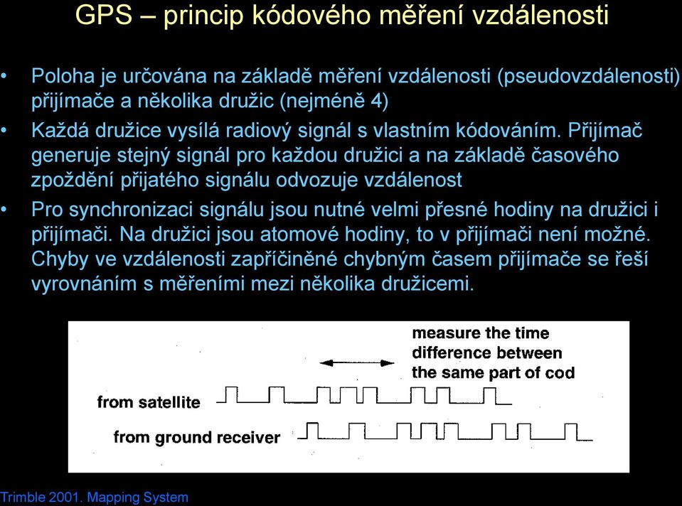 Přijímač generuje stejný signál pro každou družici a na základě časového zpoždění přijatého signálu odvozuje vzdálenost Pro synchronizaci signálu jsou