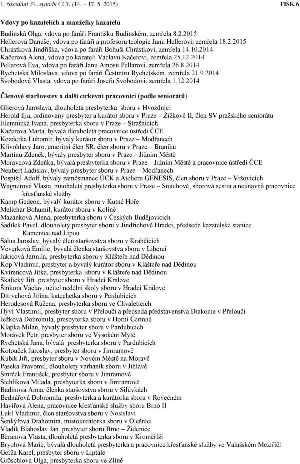 2014 Rychetská Miloslava, vdova po faráři Čestmíru Rychetském, zemřela 21.9.2014 Svobodová Vlasta, vdova po faráři Josefu Svobodovi, zemřela 1.12.