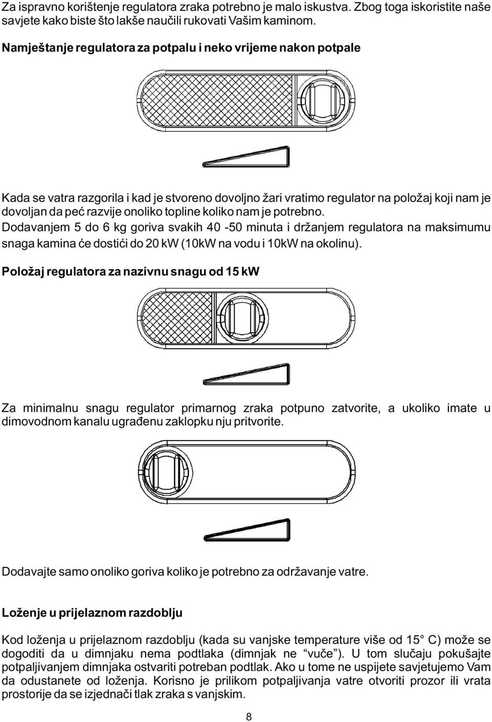 koliko nam je potrebno. Dodavanjem 5 do 6 kg goriva svakih 40-50 minuta i držanjem regulatora na maksimumu snaga kamina će dostići do 20 kw (10kW na vodu i 10kW na okolinu).