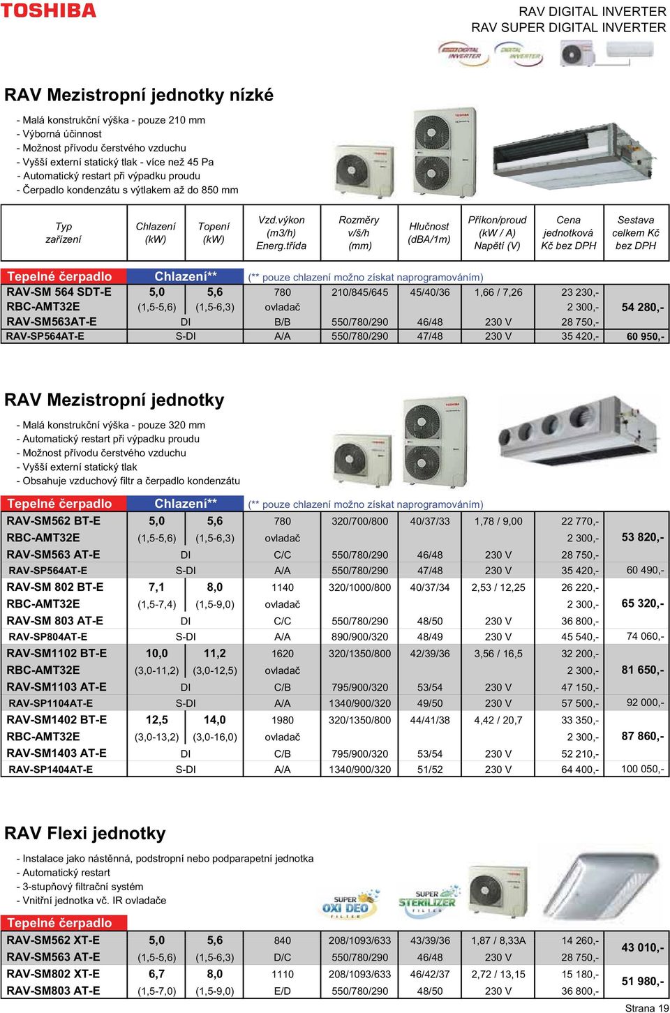 t ída (dba/1m) Nap tí (V) Sestava celkem K bez DPH Tepelné erpadlo ** (** pouze chlazení možno získat naprogramováním) RAV-SM 564 SDT-E 5,0 5,6 780 210/845/645 45/40/36 1,66 / 7,26 23 230,-