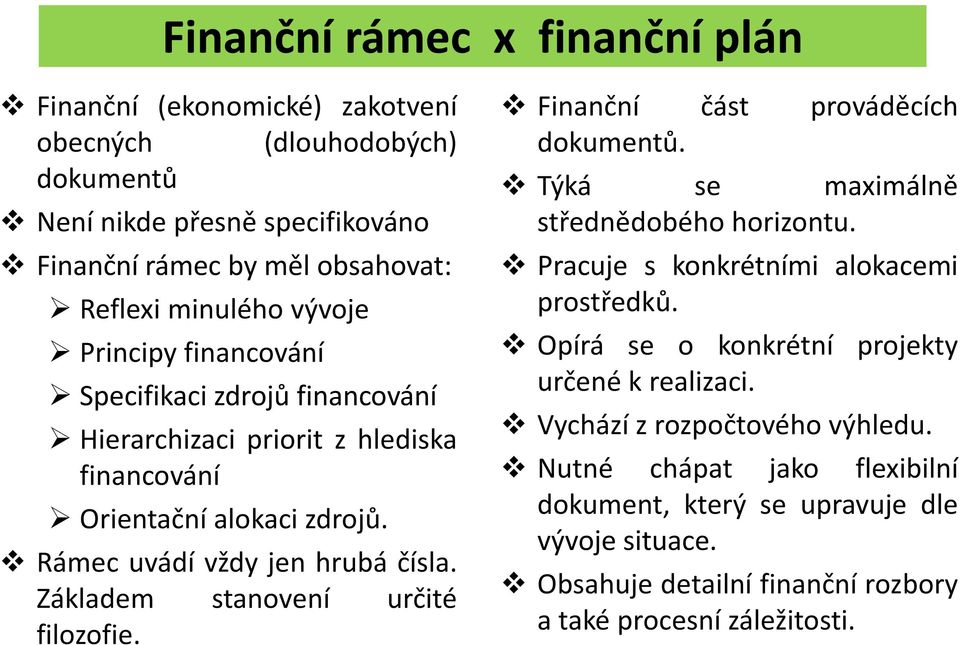 Základem stanovení určité filozofie. Finanční část prováděcích dokumentů. Týká se maximálně střednědobého horizontu. Pracuje s konkrétními alokacemi prostředků.