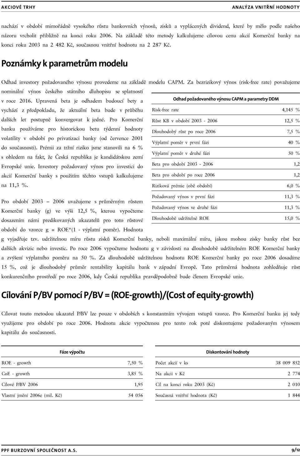 Poznámky k parametrům modelu Odhad investory požadovaného výnosu provedeme na základě modelu CAPM.