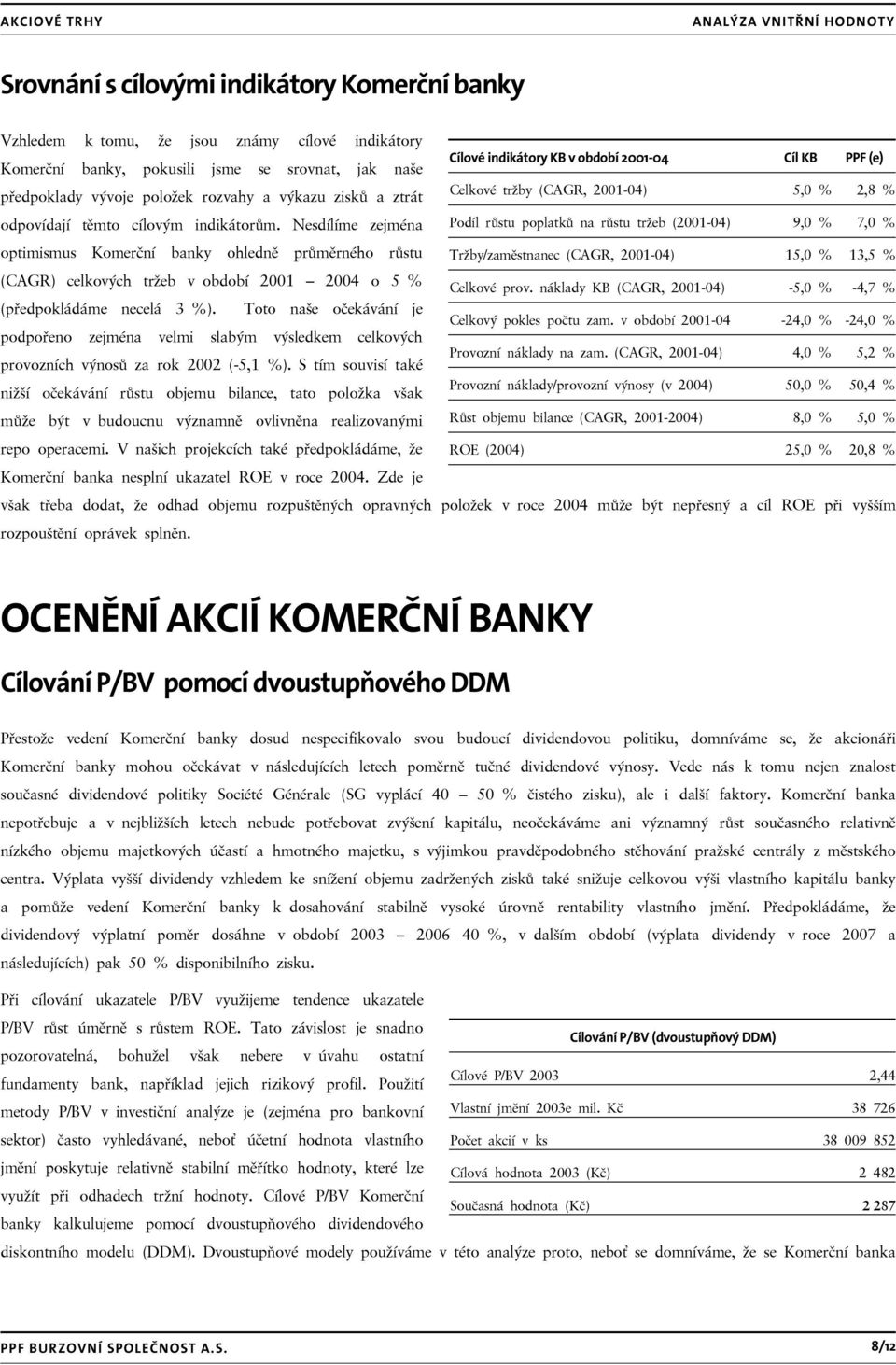 Nesdílíme zejména optimismus Komerční banky ohledně průměrného růstu (CAGR) celkových tržeb v období 2001 2004 o 5 % Celkové tržby (CAGR, 2001-04) Podíl růstu poplatků na růstu tržeb (2001-04)