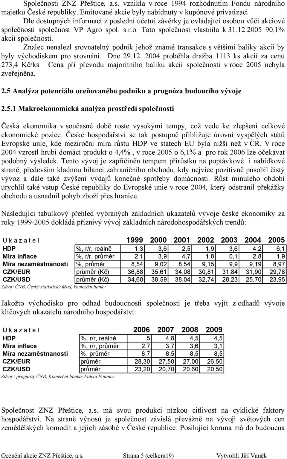 2005 90,1% akcií splečnsti. Znalec nenalezl srvnatelný pdnik jehž známé transakce s většími balíky akcií by byly výchdiskem pr srvnání. Dne 29.12.