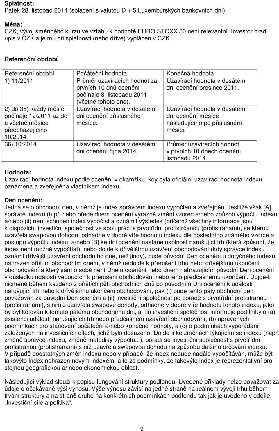 Referenční období Referenční období Počáteční hodnota Konečná hodnota 1) 11/2011 Průměr uzavíracích hodnot za prvních 10 dnů ocenění počínaje 8. listopadu 2011 (včetně tohoto dne).