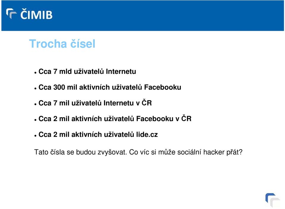 aktivních uživatelů Facebooku v ČR Cca 2 mil aktivních uživatelů