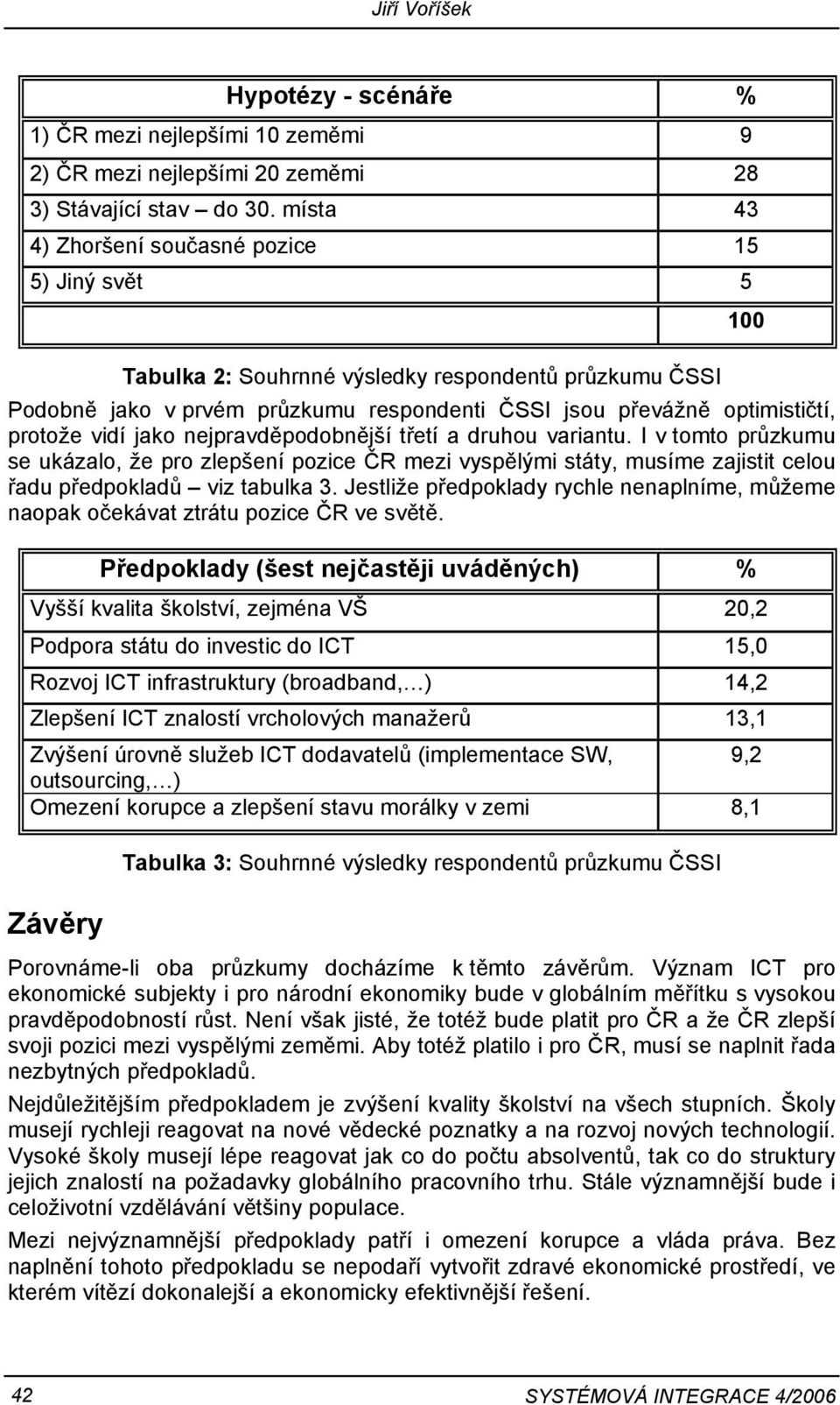 jako nejpravděpodobnější třetí a druhou variantu. I v tomto průzkumu se ukázalo, že pro zlepšení pozice ČR mezi vyspělými státy, musíme zajistit celou řadu předpokladů viz tabulka 3.