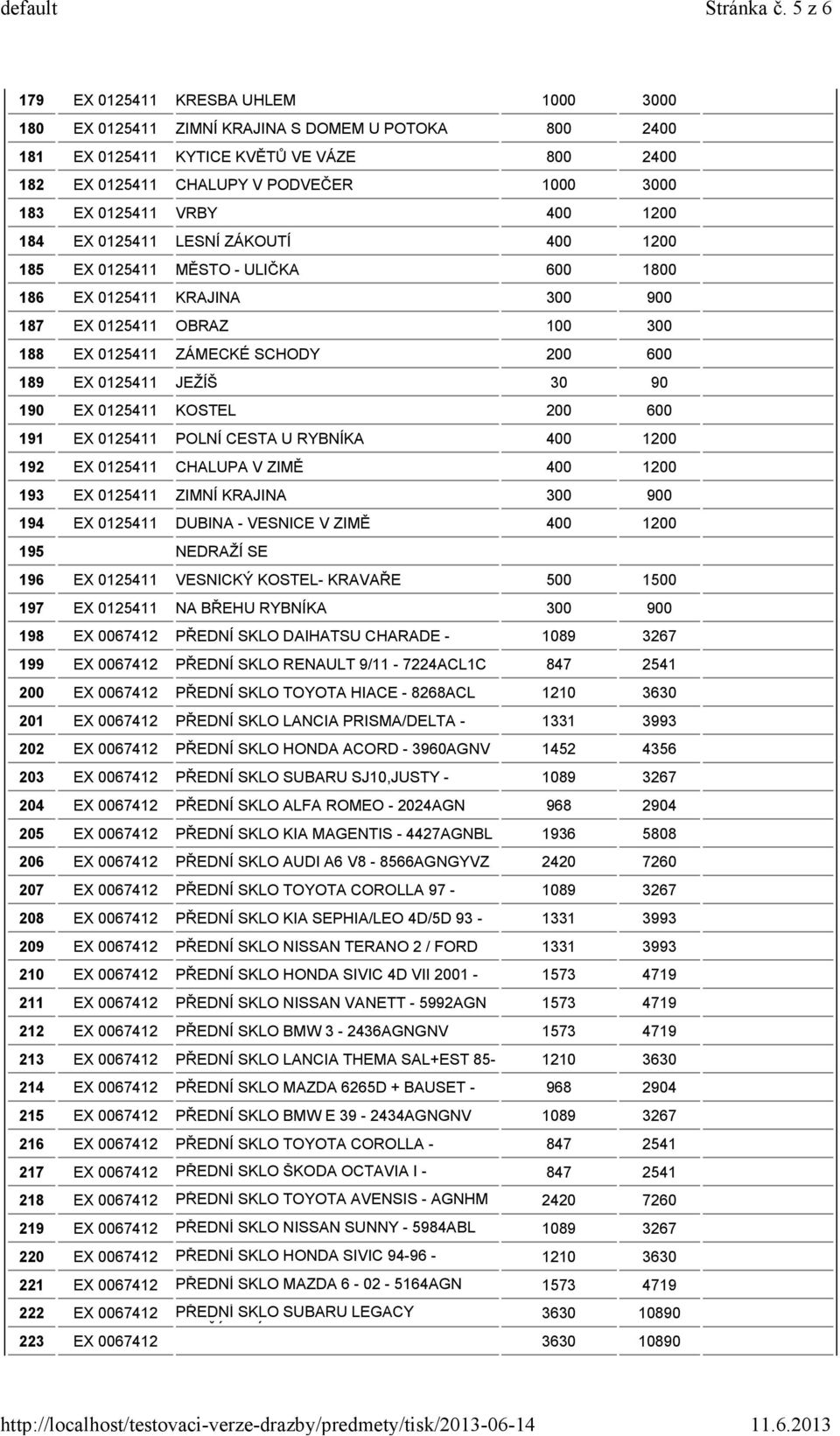 0125411 VRBY 400 1200 184 EX 0125411 LESNÍ ZÁKOUTÍ 400 1200 185 EX 0125411 MĚSTO - ULIČKA 600 1800 186 EX 0125411 KRAJINA 300 900 187 EX 0125411 OBRAZ 100 300 188 EX 0125411 ZÁMECKÉ SCHODY 200 600