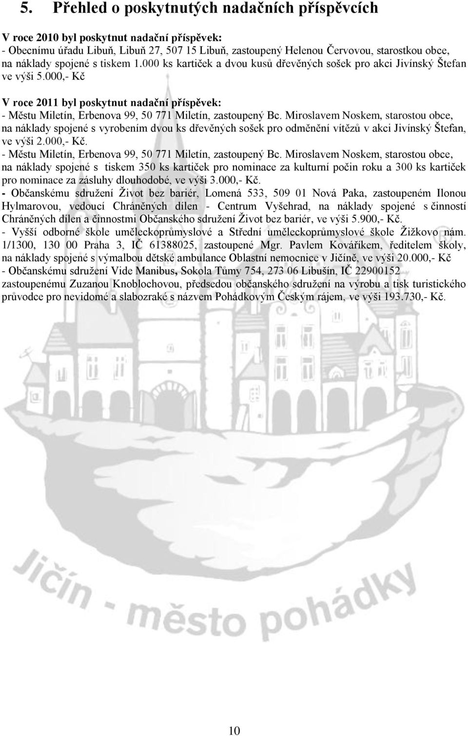 000,- Kč V roce 2011 byl poskytnut nadační příspěvek: - Městu Miletín, Erbenova 99, 50 771 Miletín, zastoupený Bc.