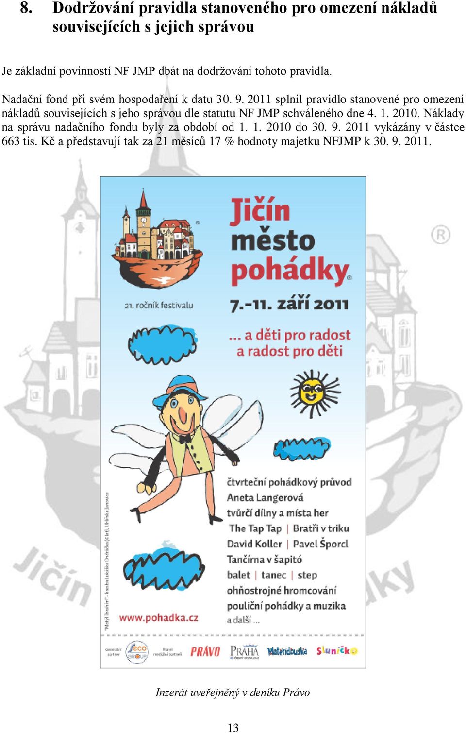 2011 splnil pravidlo stanovené pro omezení nákladů souvisejících s jeho správou dle statutu NF JMP schváleného dne 4. 1. 2010.