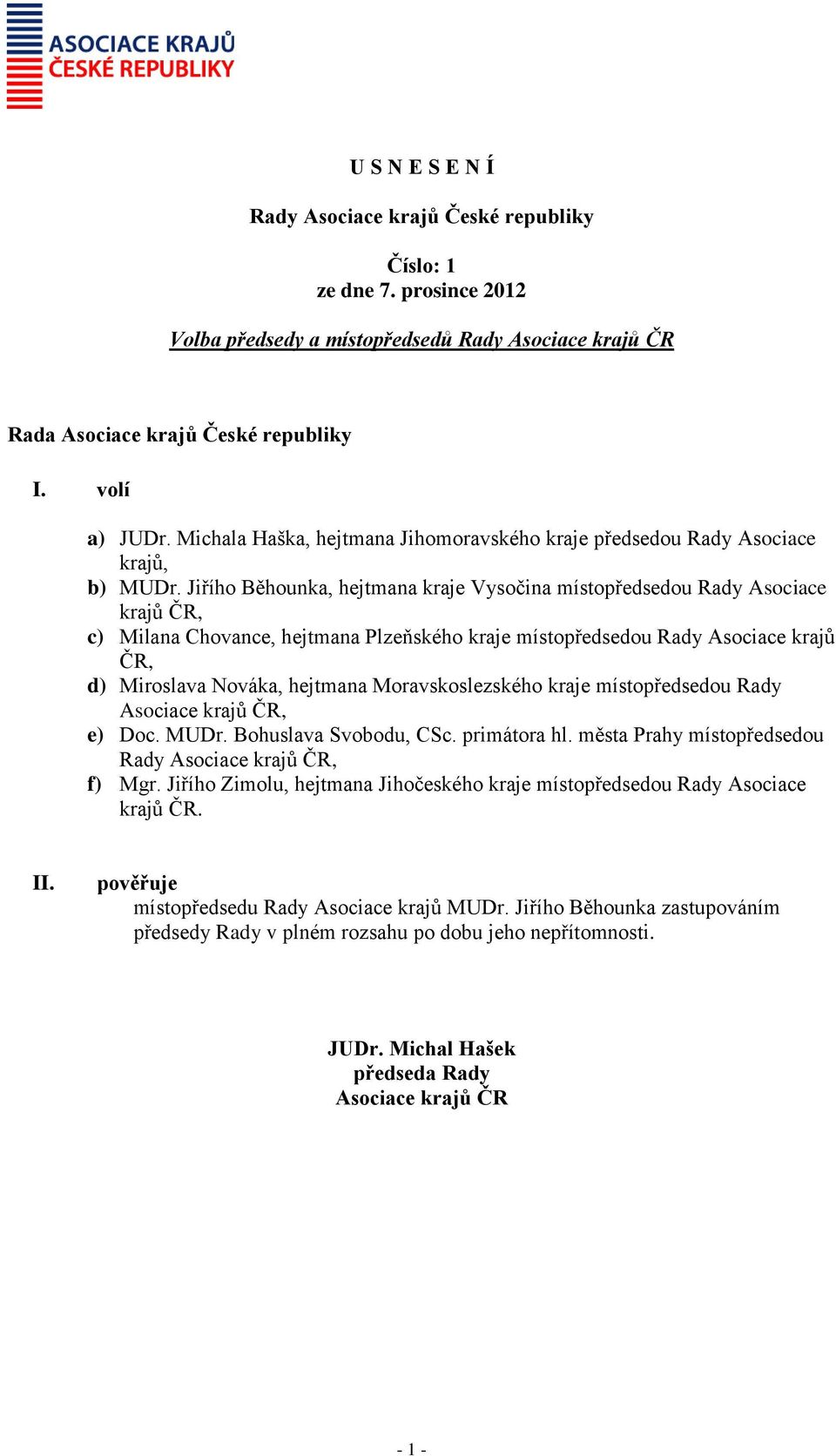 Nováka, hejtmana Moravskoslezského kraje místopředsedou Rady, e) Doc. MUDr. Bohuslava Svobodu, CSc. primátora hl. města Prahy místopředsedou Rady, f) Mgr.