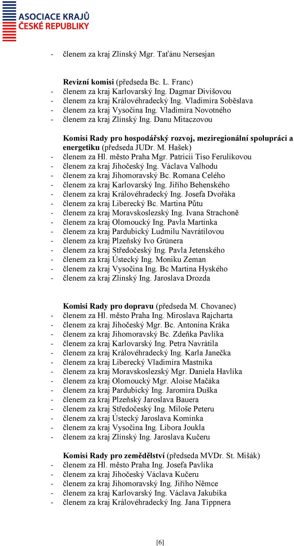 Danu Mitaczovou Komisi Rady pro hospodářský rozvoj, meziregionální spolupráci a energetiku (předseda JUDr. M. Hašek) - členem za Hl. město Praha Mgr.