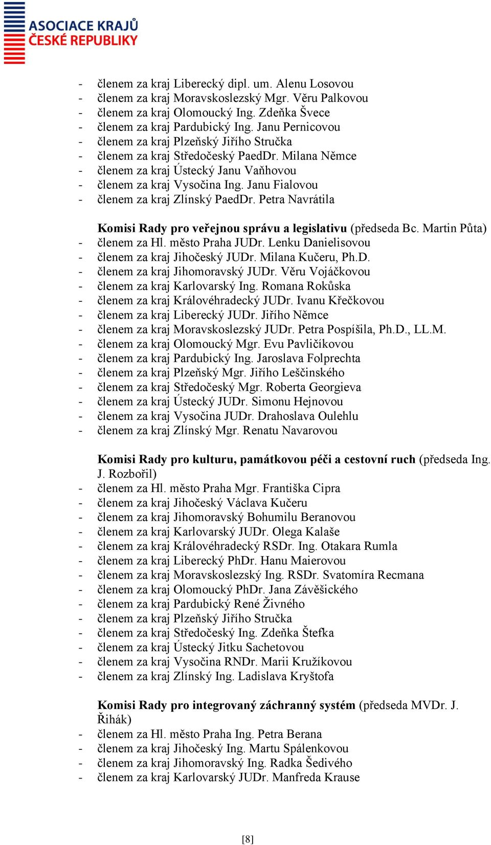 Janu Fialovou - členem za kraj Zlínský PaedDr. Petra Navrátila Komisi Rady pro veřejnou správu a legislativu (předseda Bc. Martin Půta) - členem za Hl. město Praha JUDr.
