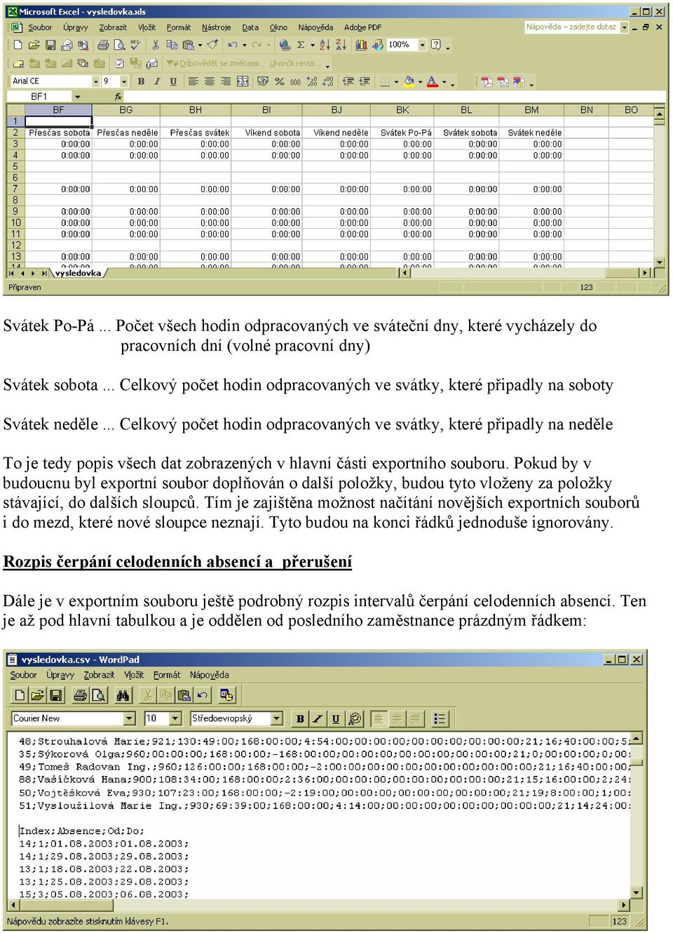 .. Celkový počet hodin odpracovaných ve svátky, které připadly na neděle To je tedy popis všech dat zobrazených v hlavní části exportního souboru.