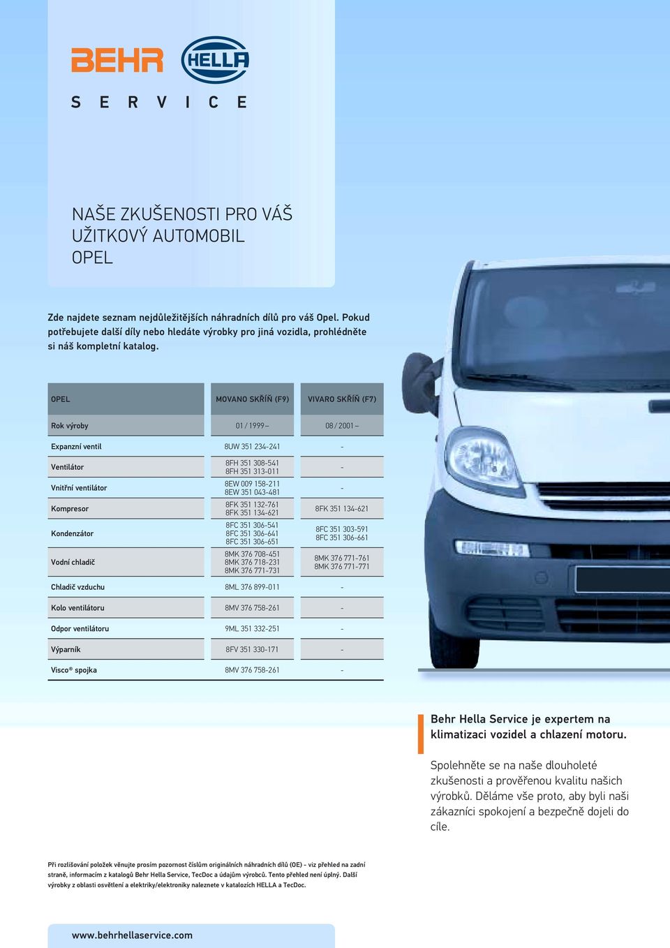 OPEL MOVANO SKŘÍŇ (F9) VIVARO SKŘÍŇ (F7) Rok výroby 01 / 1999 08 / 2001 Expanzní ventil 8UW 351 234241 Ventilátor Vnitřní ventilátor Kompresor Kondenzátor Vodní chladič 8FH 351 308541 8FH 351 313011