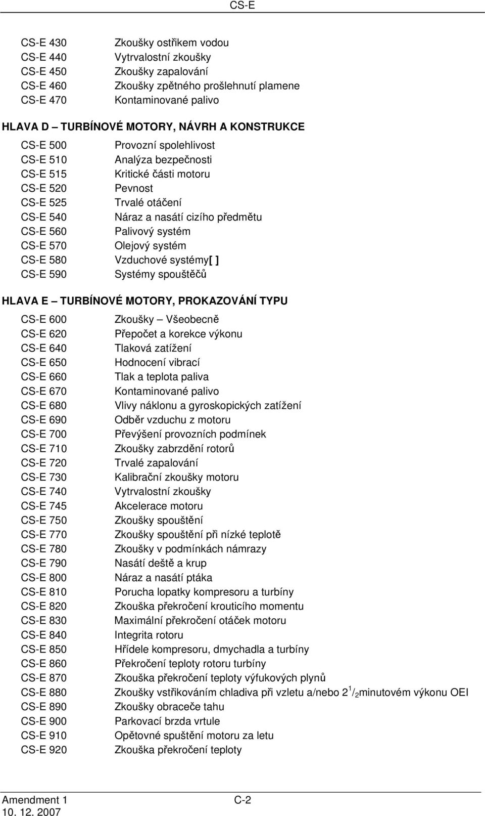 Palivový systém CS-E 570 Olejový systém CS-E 580 Vzduchové systémy[ ] CS-E 590 Systémy spouštěčů HLAVA E TURBÍNOVÉ MOTORY, PROKAZOVÁNÍ TYPU CS-E 600 CS-E 620 CS-E 640 CS-E 650 CS-E 660 CS-E 670 CS-E