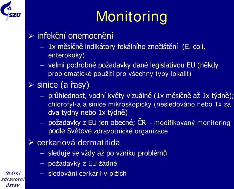 průhlednost, vodní květy vizuálně (1x měsíčně až 1x týdně); chlorofyl-a a sinice mikroskopicky (nesledováno nebo 1x za dva týdny nebo 1x