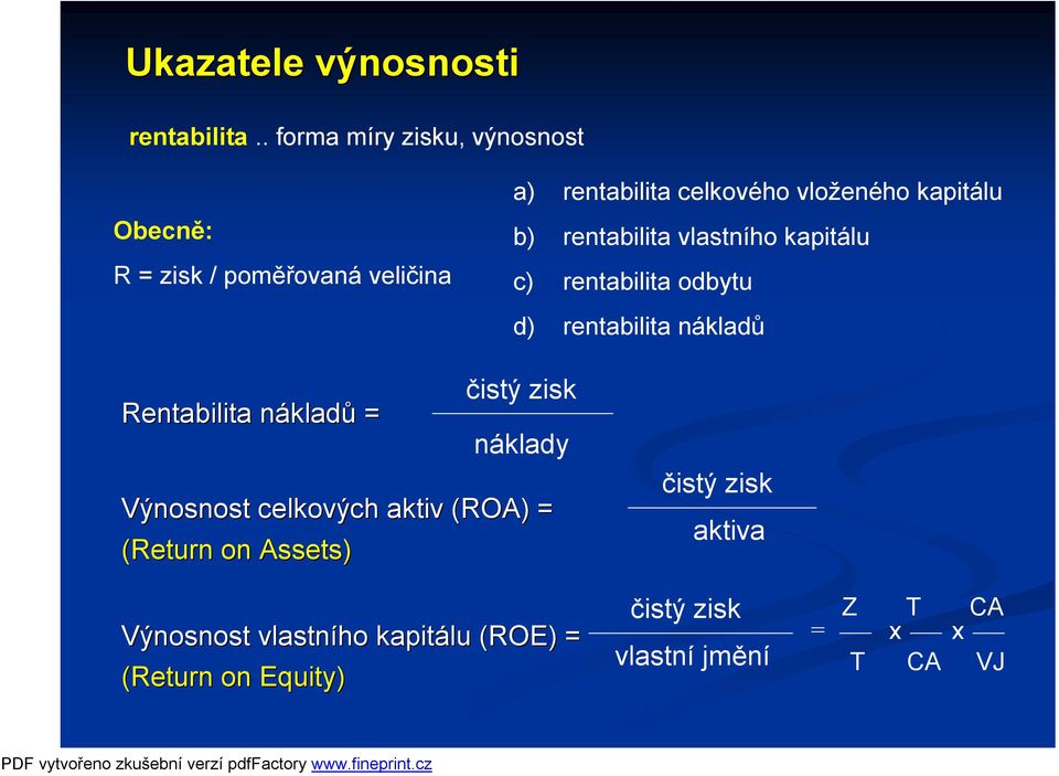 kapitálu b) rentabilita vlastního kapitálu c) rentabilita odbytu d) rentabilita nákladů Rentabilita nákladn